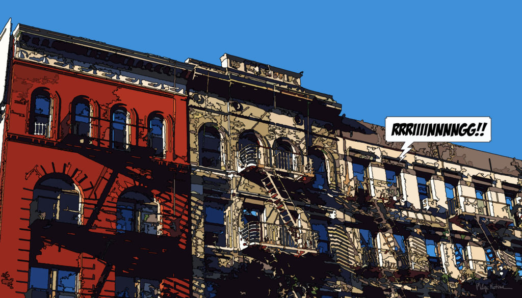Immeubles avec leurs escaliers d'incendie New York — art Ligne Claire New York — Philippe Matine