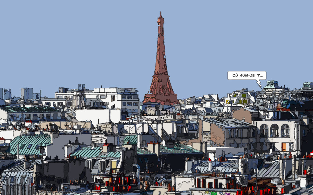 Vue panoramique toits de Paris Tour Eiffel au loin — art Ligne Claire Paris — Philippe Matine