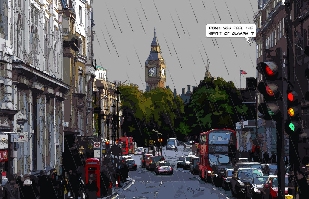 Olympia Londres Big Ben vue — art Ligne Claire London — Philippe Matine