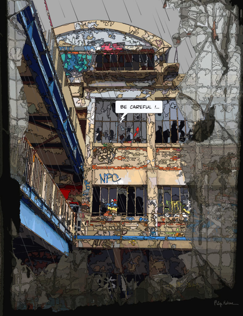 Pantin immeuble abandonné street art — art Ligne Claire Épaves — Philippe Matine