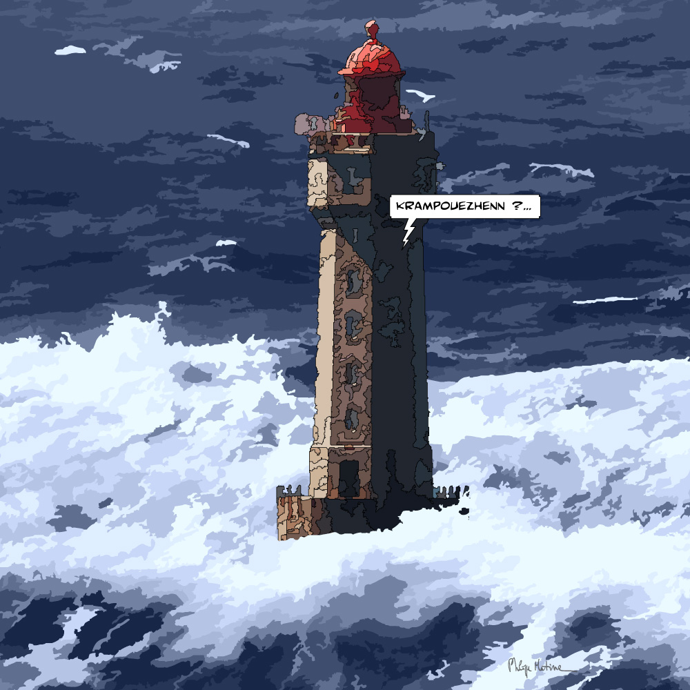 Phare breton dans la tempête vagues — art Ligne Claire Bretagne — Philippe Matine