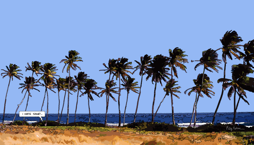 Plage aux palmiers Antilles — art Ligne Claire Antilles — Philippe Matine