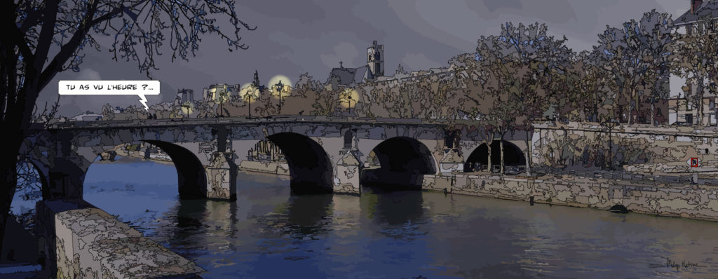 Pont Marie et ses arches la nuit — art Ligne Claire Paris — Philippe Matine