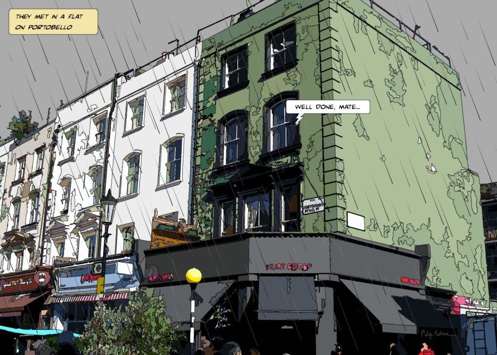 Marché Portobello Londres façades colorées — art Ligne Claire London — Philippe Matine