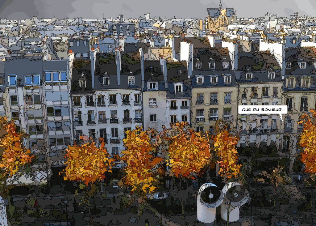 Immeubles parisiens et arbres en automne Piazza Beaubourg — art Ligne Claire Paris — Philippe Matine