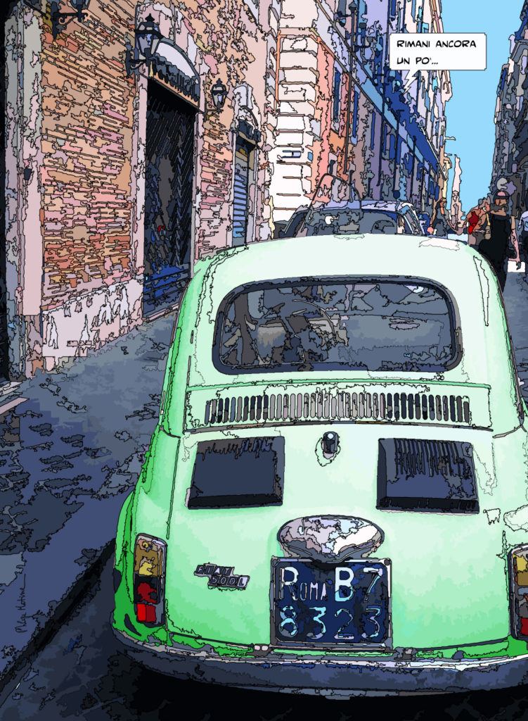 Fiat verte Rome rues italiennes — art Ligne Claire Motors — Philippe Matine
