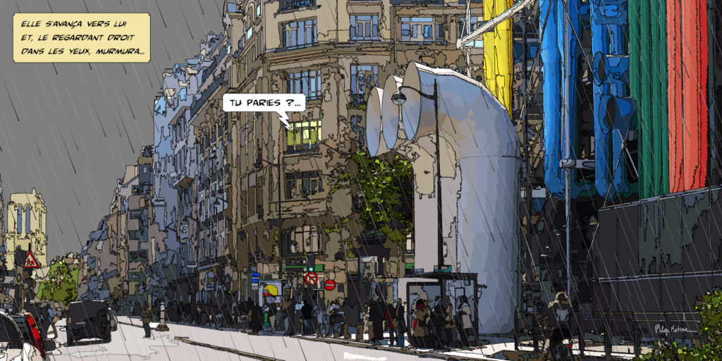 Scène de rue Beaubourg animée — art Ligne Claire Paris — Philippe Matine