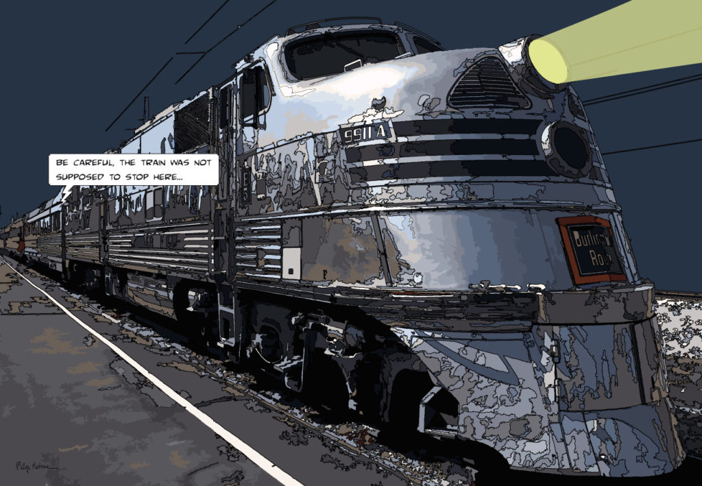 Train argenté vintage locomotive — art Ligne Claire Motors — Philippe Matine