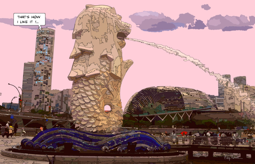 Merlion Singapour fontaine emblématique — art Ligne Claire Japon — Philippe Matine