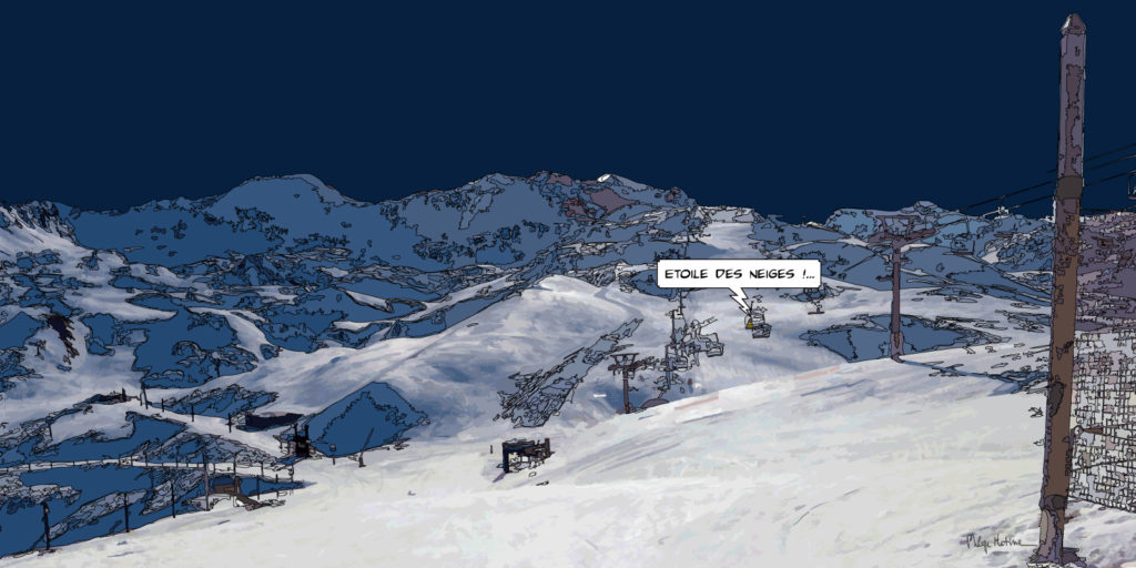 Télésiège arrêté sous ciel étoilé montagne — art Ligne Claire Montagne — Philippe Matine