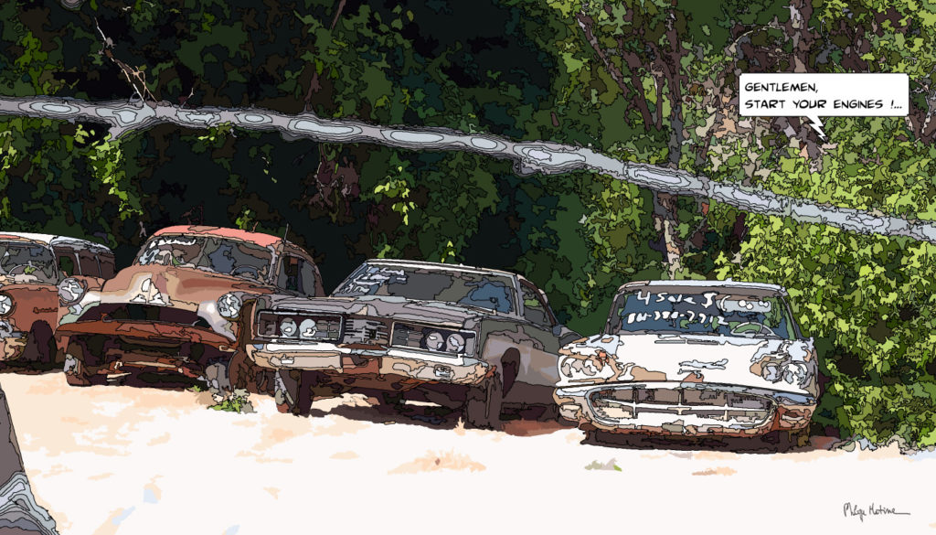 Voitures abandonnées jungle envahissante — art Ligne Claire Épaves — Philippe Matine