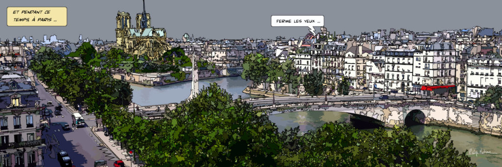 Vue sur la Seine et ses îles Paris — art Ligne Claire Paris — Philippe Matine