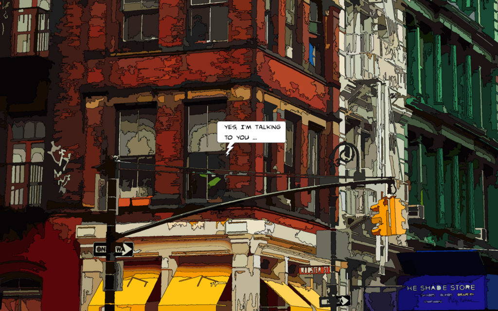 Immeuble de briques rouges New York scène de rue — art Ligne Claire New York — Philippe Matine