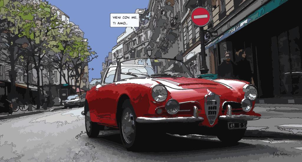 Alfa-Romeo rouge dans une rue de Paris — art Ligne Claire Paris — Philippe Matine