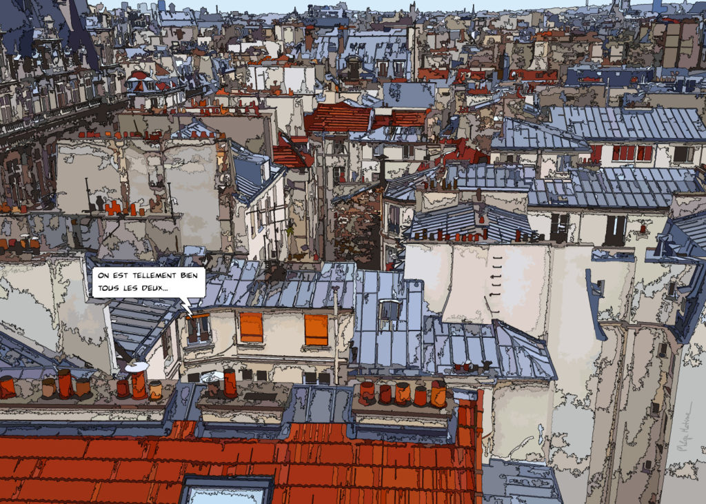 Vue panoramique de Paris Xème depuis les toits — art Ligne Claire Paris — Philippe Matine