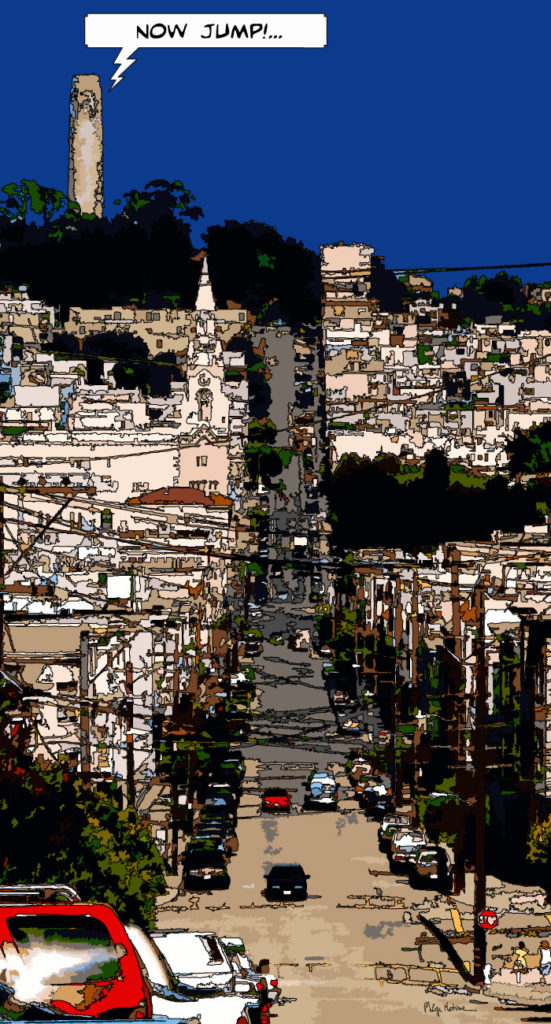 San Francisco vue aérienne depuis les hauteurs — art Ligne Claire San Francisco — Philippe Matine