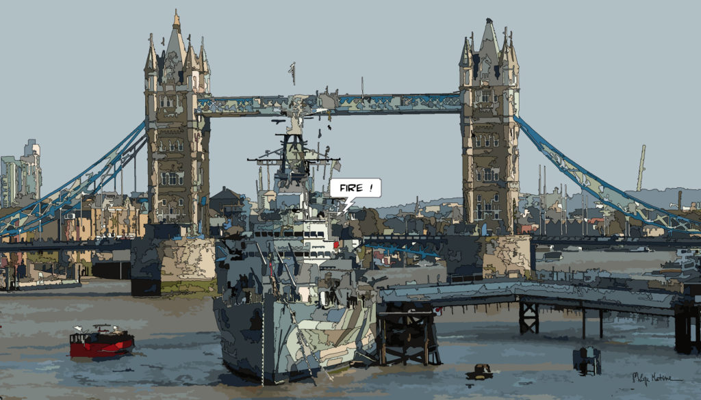 Tower Bridge Londres et bateau — art Ligne Claire London — Philippe Matine