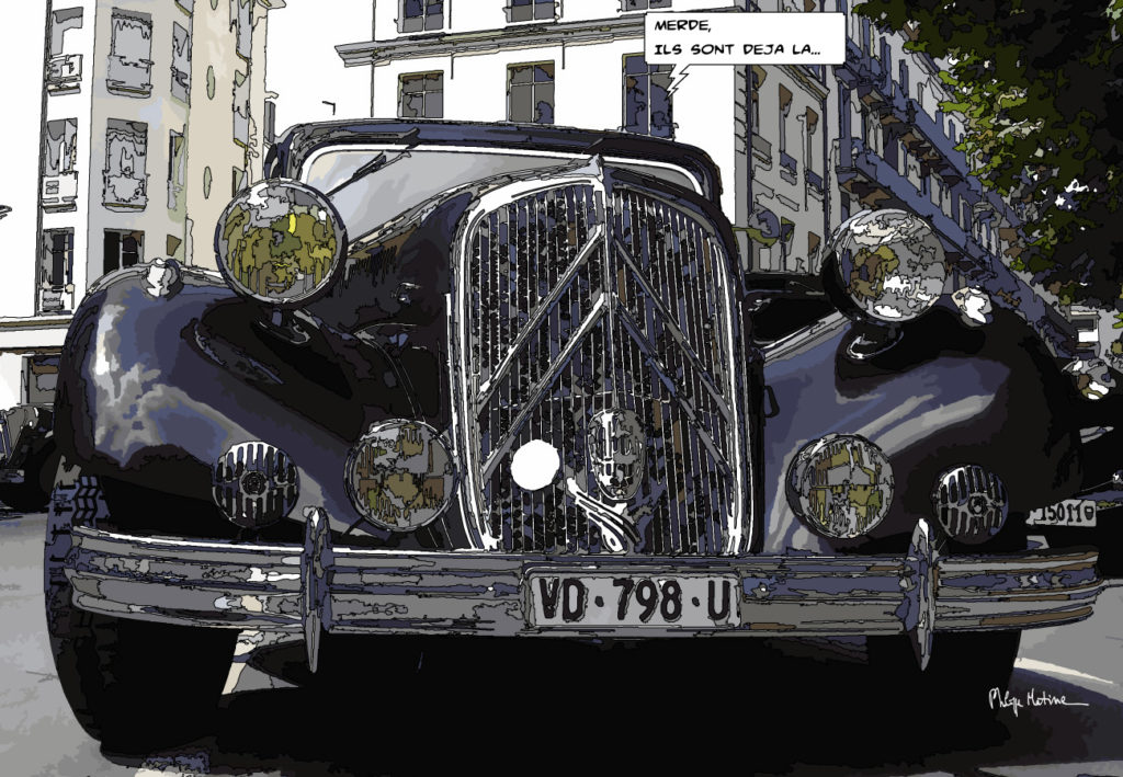 Citroën Traction Avant gang noir et blanc — art Ligne Claire Motors — Philippe Matine