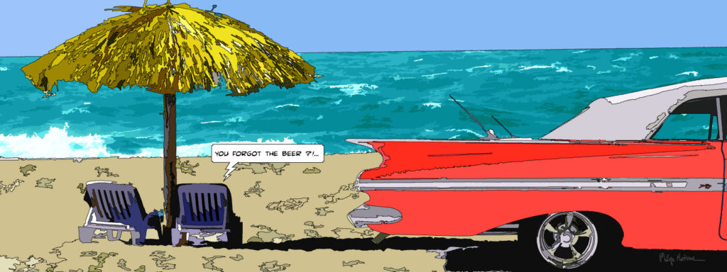 Chevrolet Impala rouge plage tropicale — art Ligne Claire Motors — Philippe Matine