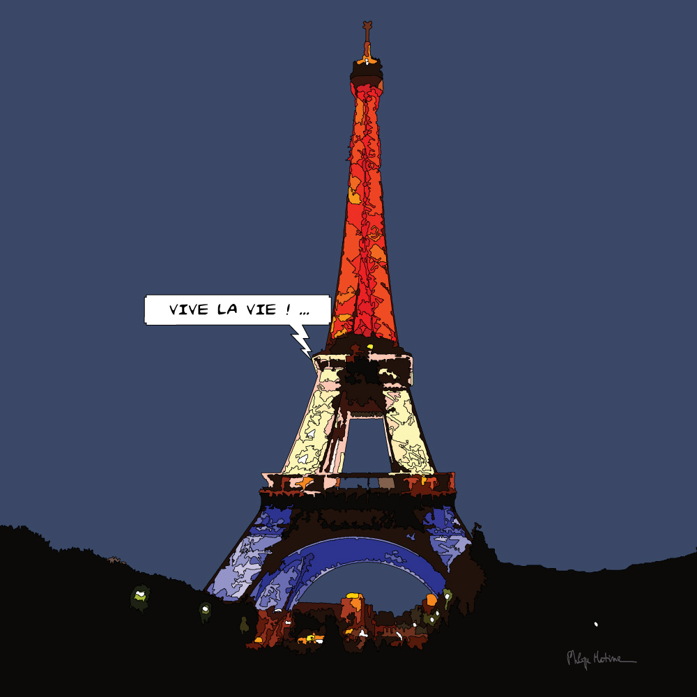 Tour Eiffel illuminée drapeau français Paris nuit — art Ligne Claire Paris — Philippe Matine