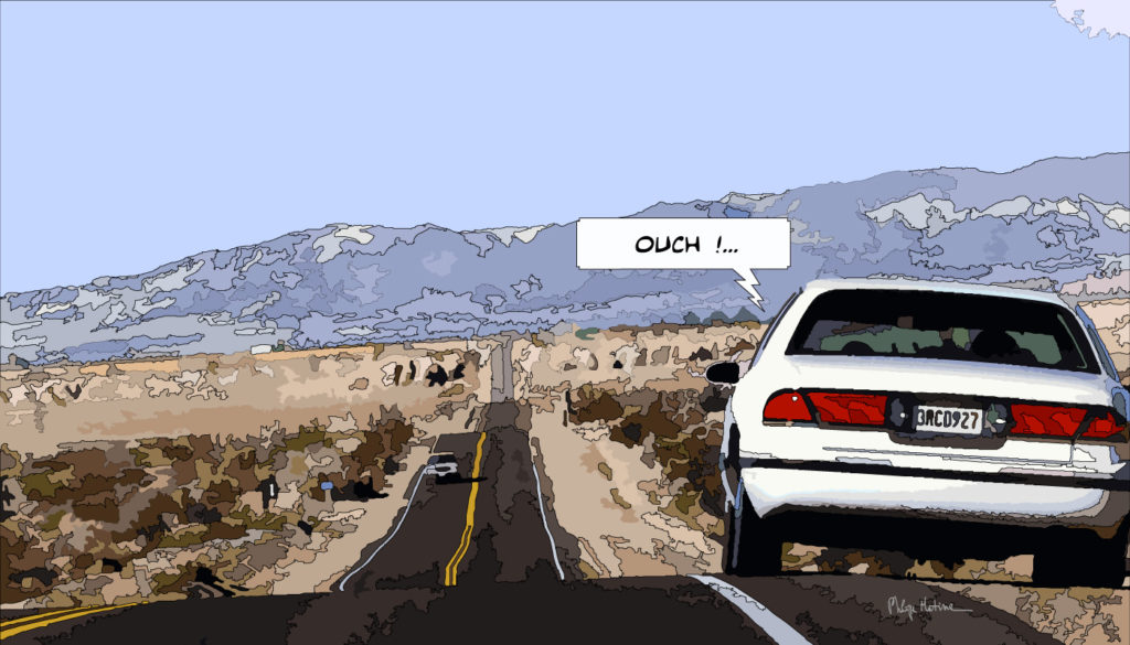 Buick de dos route désertique Far West — art Ligne Claire West — Philippe Matine