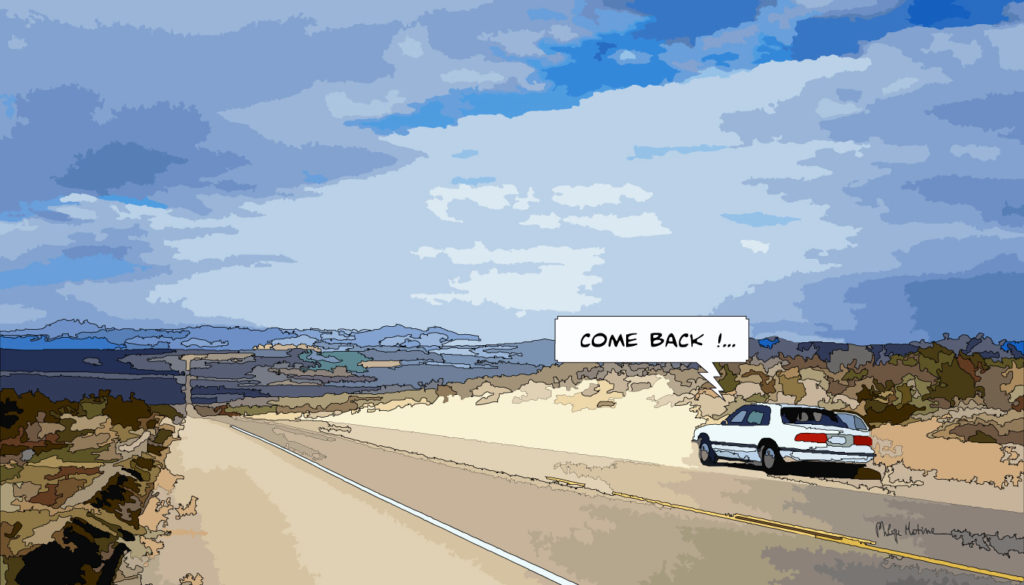 Buick de profil désert américain — art Ligne Claire West — Philippe Matine