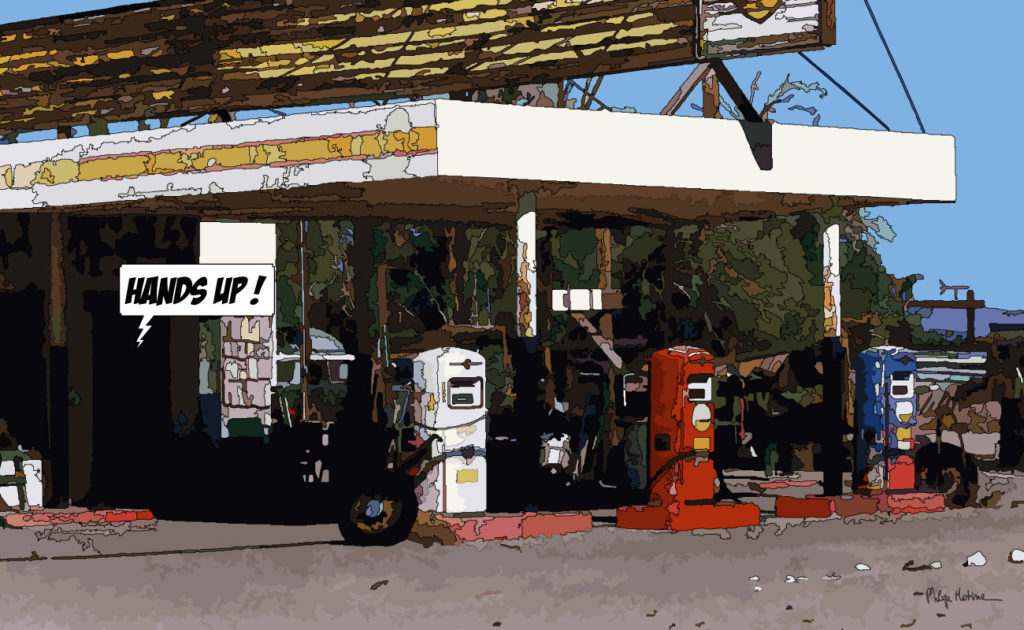 Station service abandonnée Far West américain — art Ligne Claire West — Philippe Matine