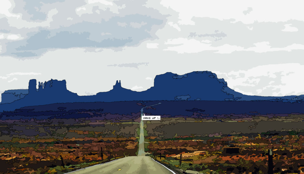 Monument Valley Arizona route désertique — art Ligne Claire West — Philippe Matine