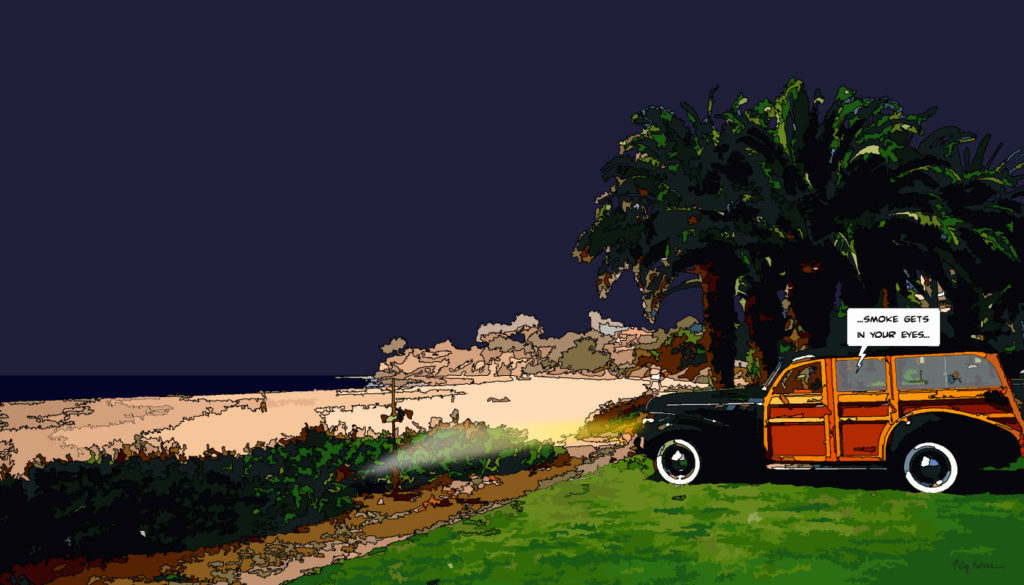 Woody voiture de plage Californie nuit — art Ligne Claire San Francisco — Philippe Matine