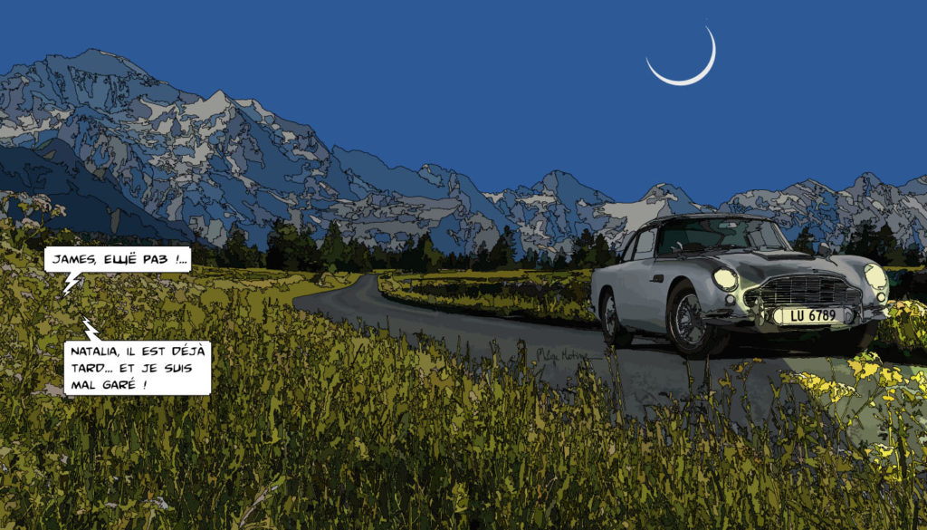 Aston Martin JB route de nuit — art Ligne Claire Motors — Philippe Matine