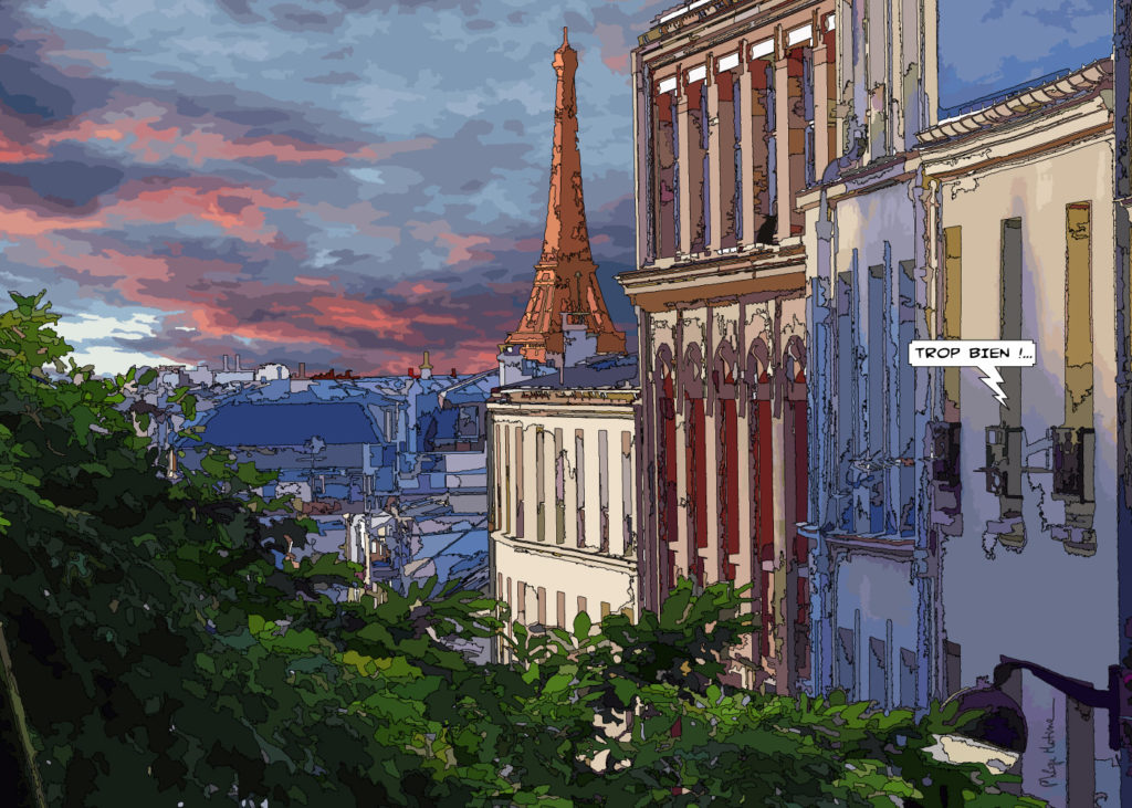 ue sur la Tour Eiffel depuis Belleville Paris — art Ligne Claire Paris — Philippe Matine