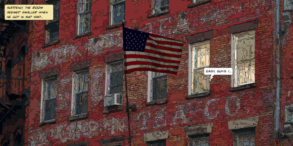 Immeuble de briques New York drapeau américain — art Ligne Claire New York — Philippe Matine