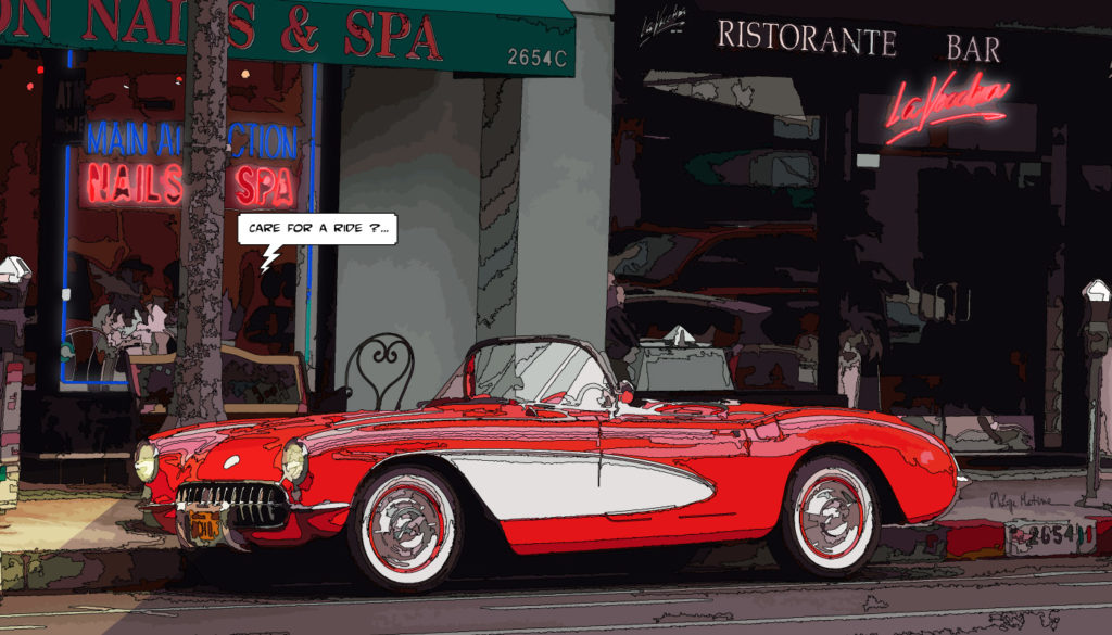 Corvette rouge cabriolet Los Angeles — art Ligne Claire Motors — Philippe Matine
