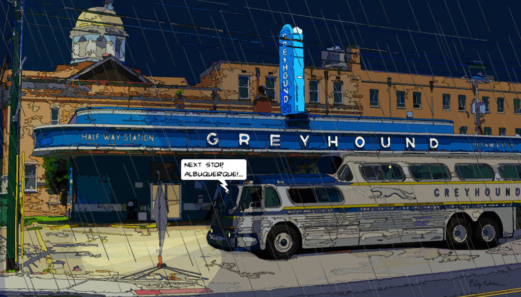 Bus Greyhound Albuquerque Nouveau-Mexique — art Ligne Claire Motors — Philippe Matine