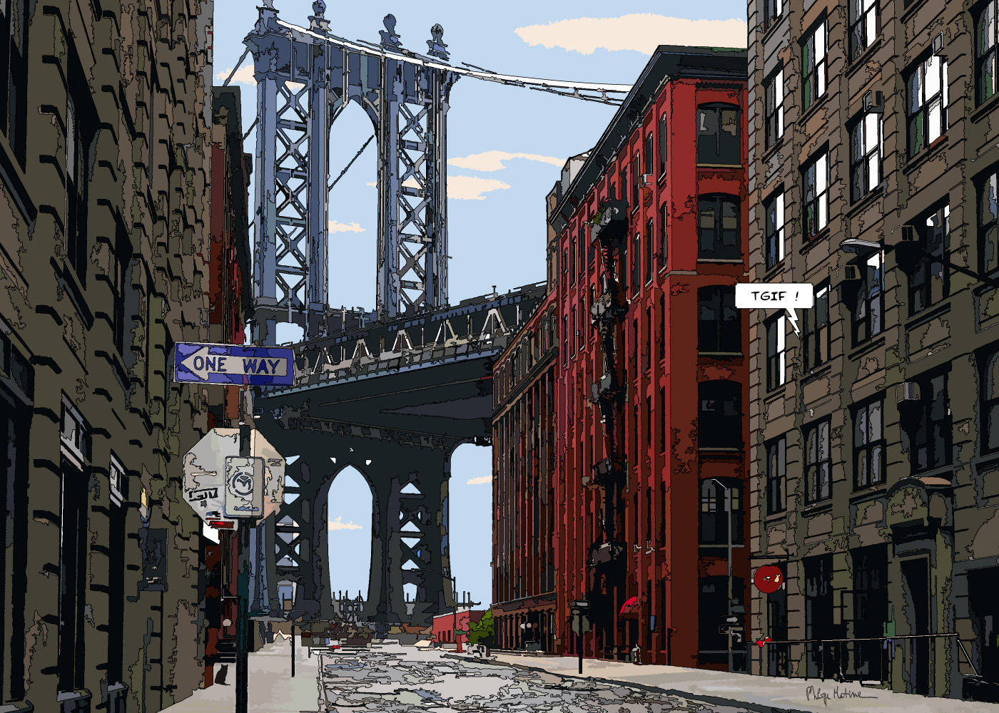 Manhattan Bridge New York vue depuis la rue — art Ligne Claire New York — Philippe Matine