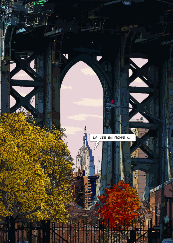 Manhattan Bridge New York en automne — art Ligne Claire New York — Philippe Matine