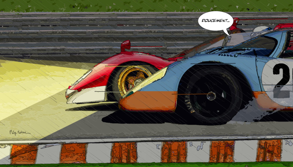 Le Mans course automobile ralenti — art Ligne Claire Motors — Philippe Matine
