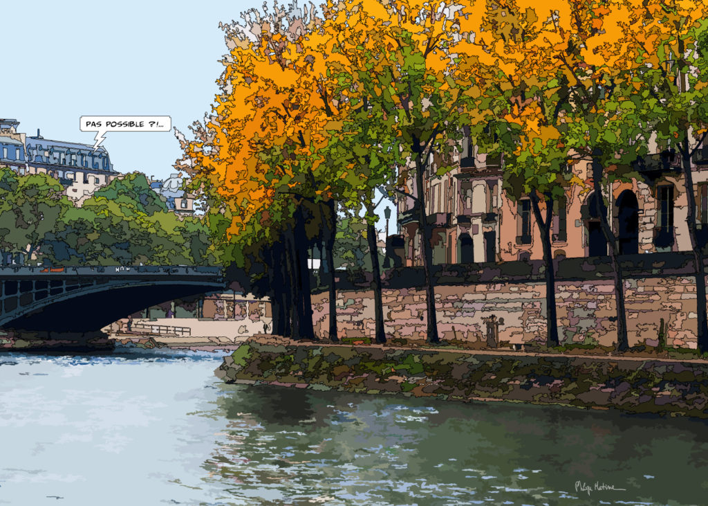 Quai d'Anjou île Saint-Louis Paris en automne — art Ligne Claire Paris — Philippe Matine