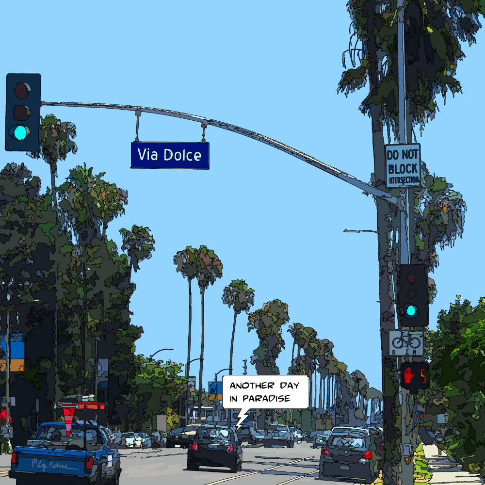 Boulevard ensoleillé Los Angeles palmiers — art Ligne Claire San Francisco — Philippe Matine