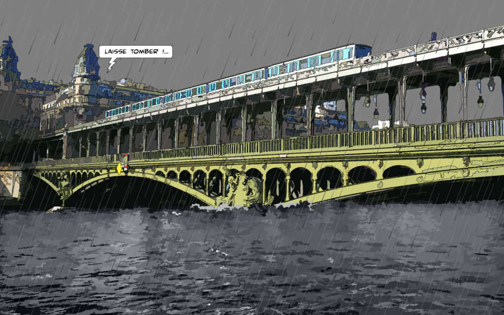 Viaduc de Passy pont de Bir-Hakeim Seine en crue Paris — art Ligne Claire Paris — Philippe Matine