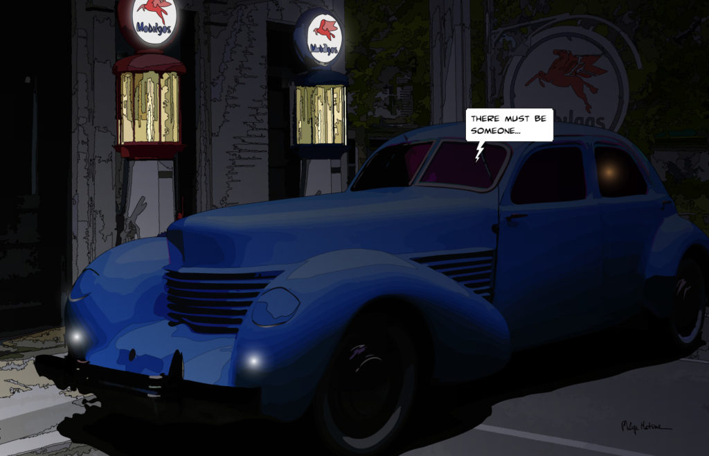 Cord bleue station Mobil la nuit — art Ligne Claire Motors — Philippe Matine