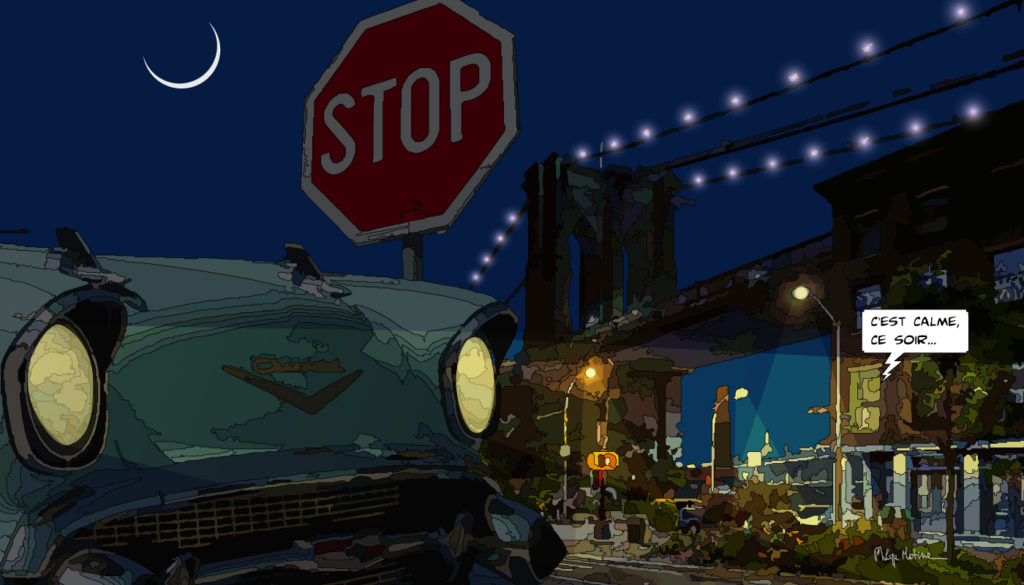 Brooklyn Bridge New York panneau Stop et Chevrolet — art Ligne Claire New York — Philippe Matine