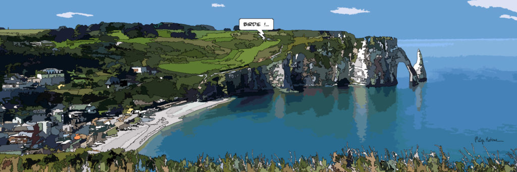 Falaise et golf d'Etretat vue aérienne verdure et mer — art Ligne Claire Bretagne