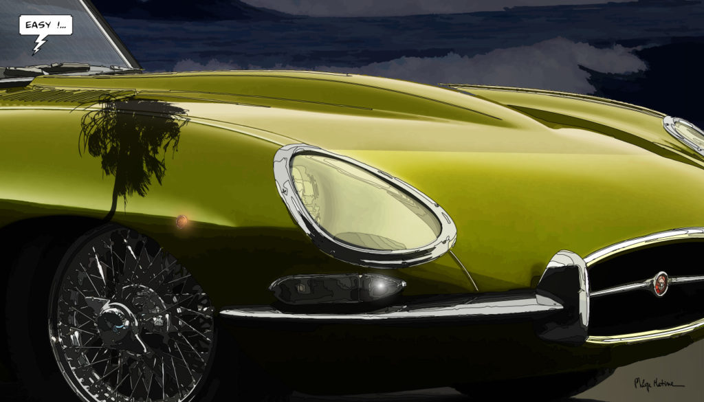 Jaguar Type E cabriolet — art Ligne Claire Motors — Philippe Matine