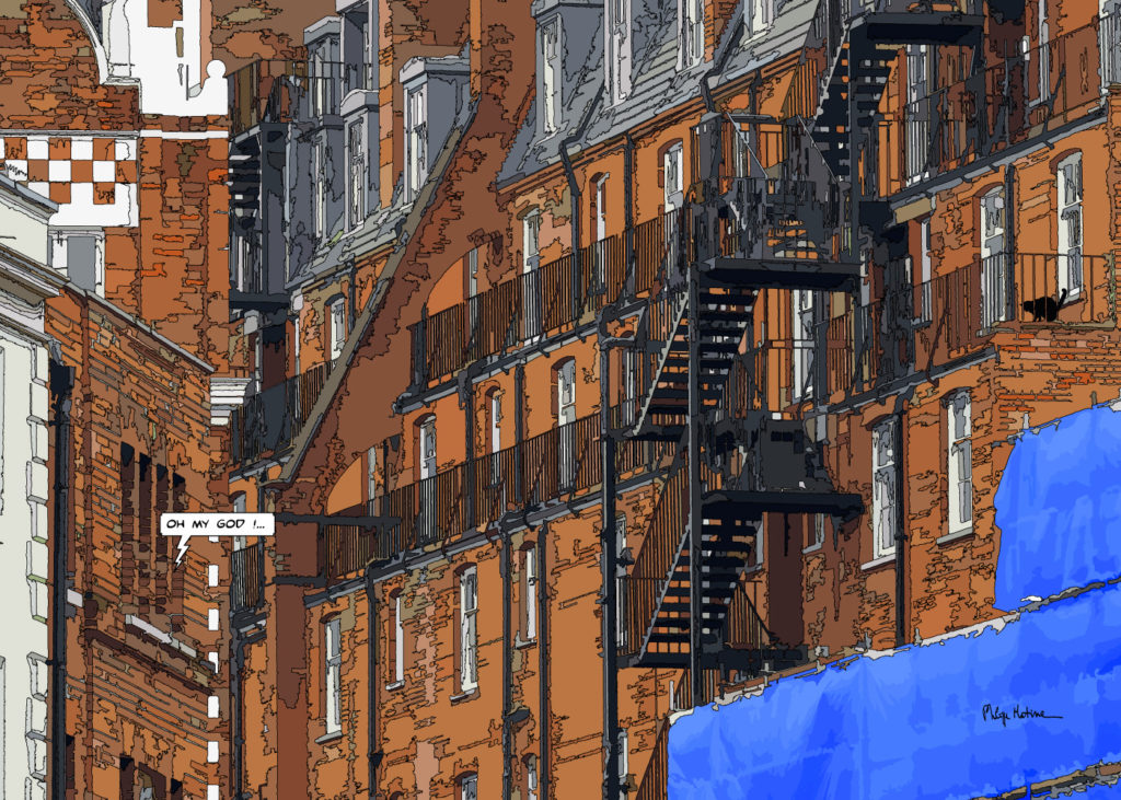 Escalier rouge Londres immeuble de briques — art Ligne Claire London — Philippe Matine