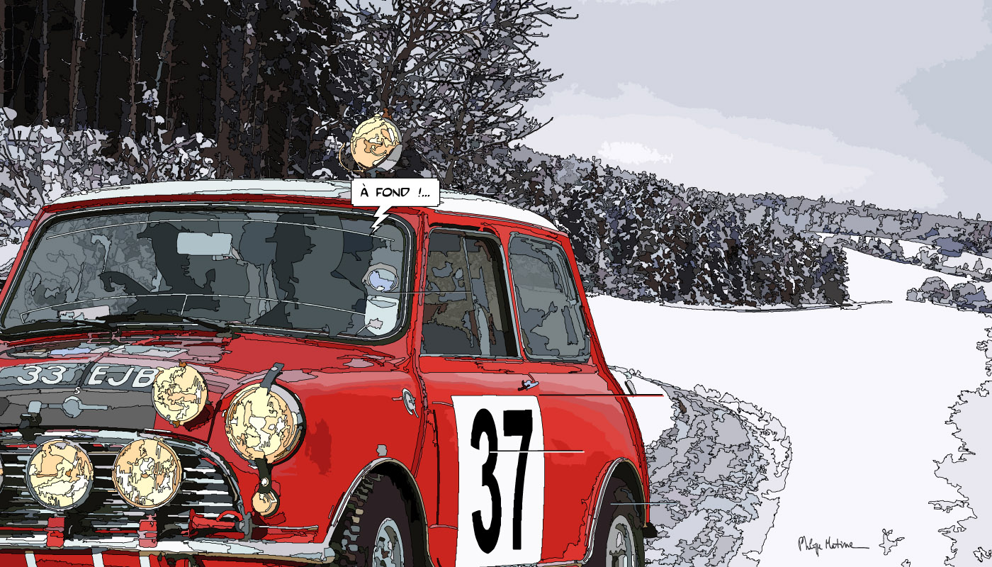 Mini Cooper rallye neige — art Ligne Claire Motors — Philippe Matine
