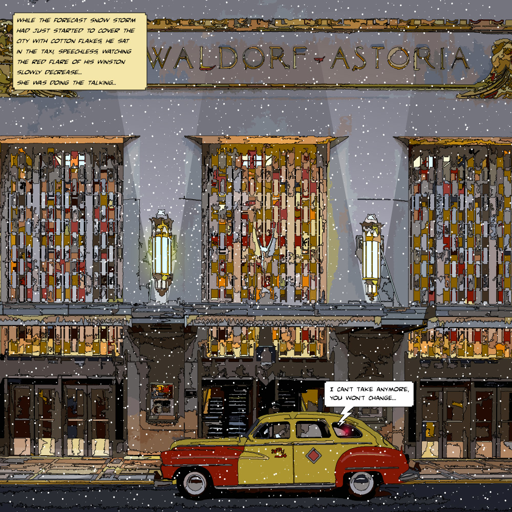 Waldorf Astoria New York taxi sous la neige — art Ligne Claire New York — Philippe Matine