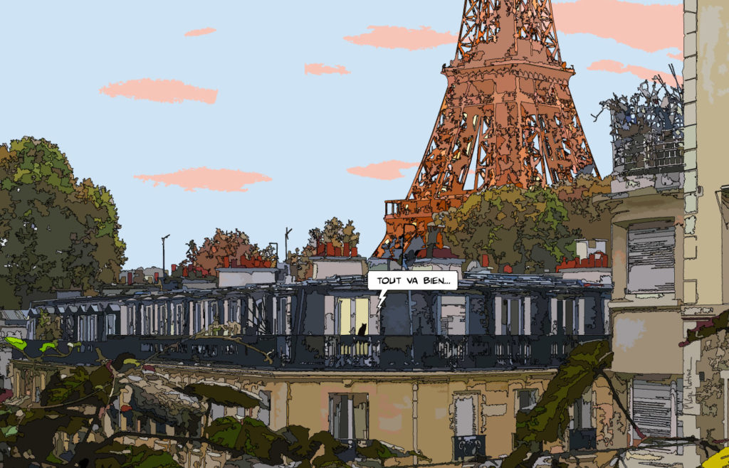 Tour Eiffel et toits de Paris au crépuscule — art Ligne Claire Paris — Philippe Matine