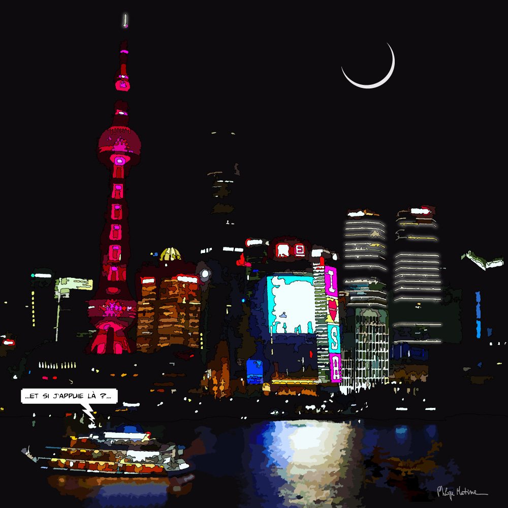 Docks de Shanghai nuit illuminée — art Ligne Claire Japon — Philippe Matine