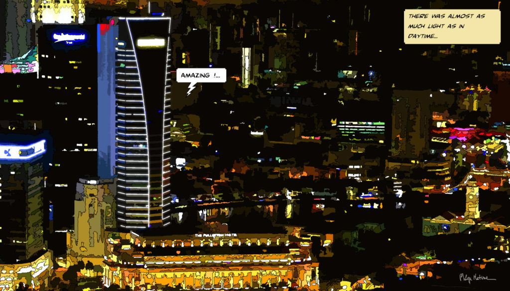 Singapour la nuit skyline illuminée — art Ligne Claire Japon — Philippe Matine